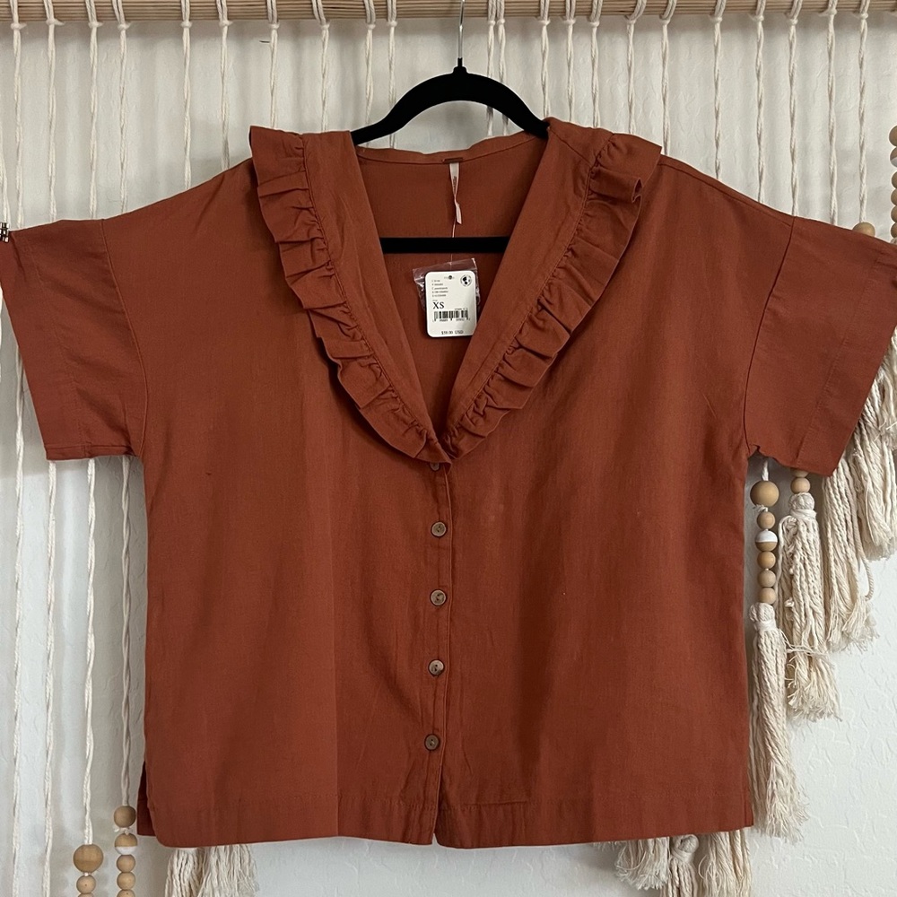 Free People Linen Blend Ruffle Top, Mauve Rust Orange, Size XS, New, Peach
